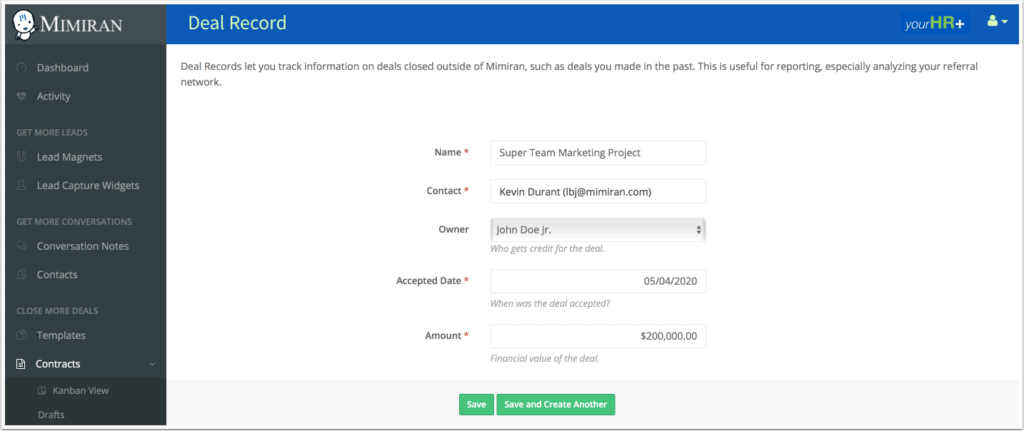 Mimiran CRM Deal-Record