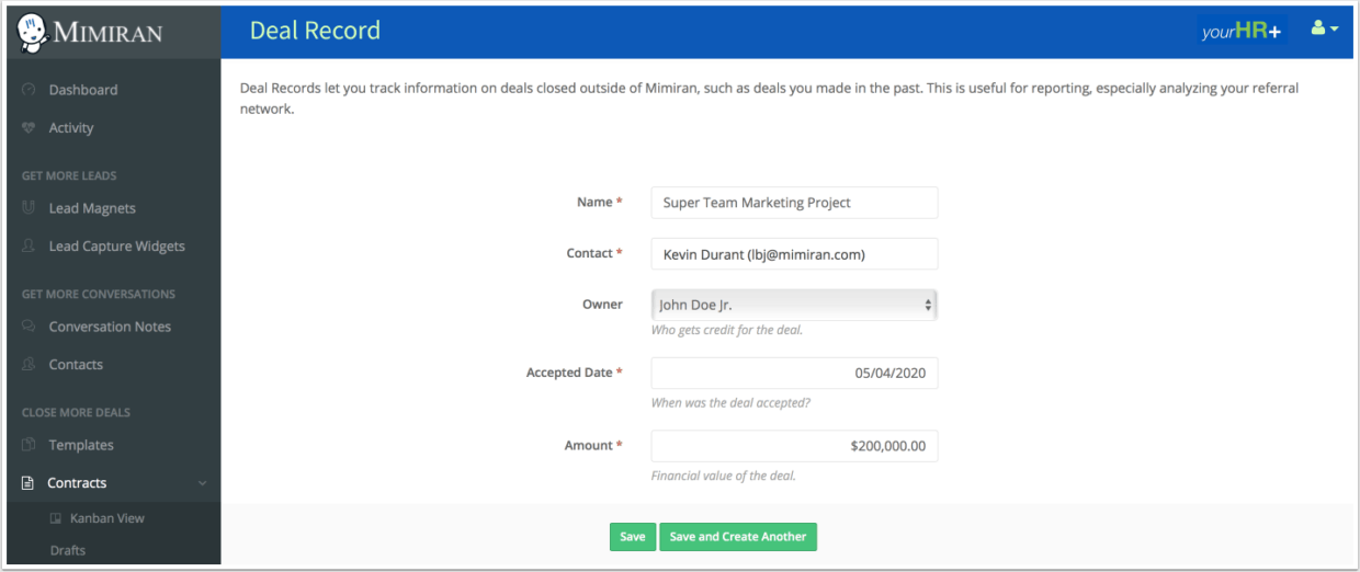 Mimiran CRM Deal-Record