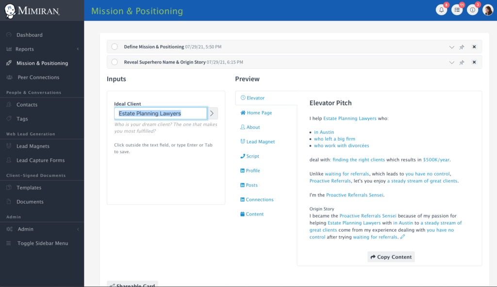 Mimiran CRM Mission and Positioning Tool