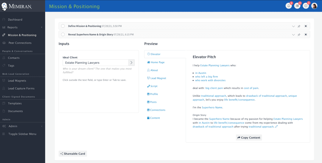 Mimiran CRM Mission and Positioning Tool