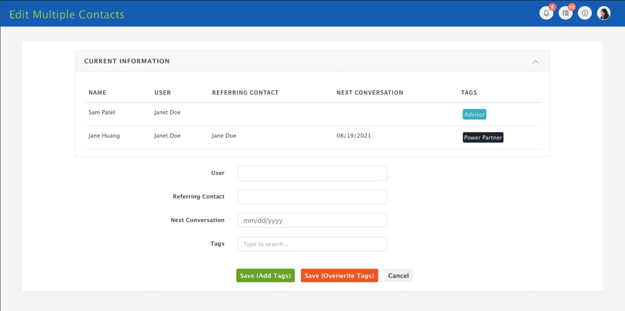 Mimiran CRM edit multiple contacts