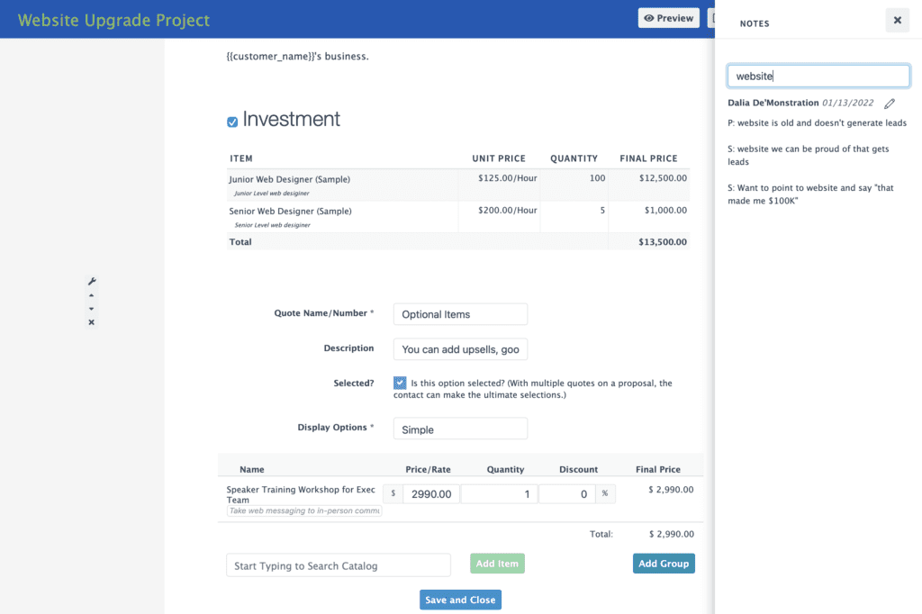 Mimiran CRM proposal with quotes and notes