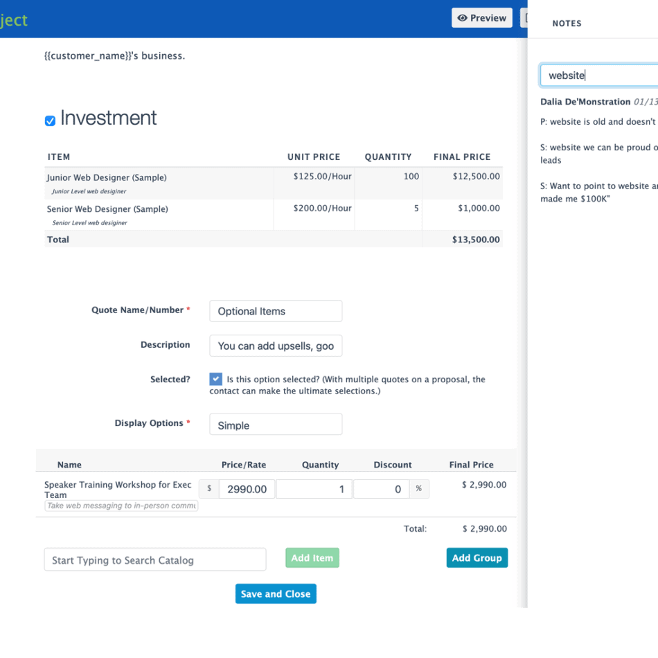 Mimiran CRM Proposal with quotes and notes