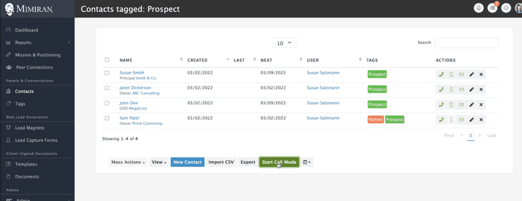 Mimiran CRM start call mode