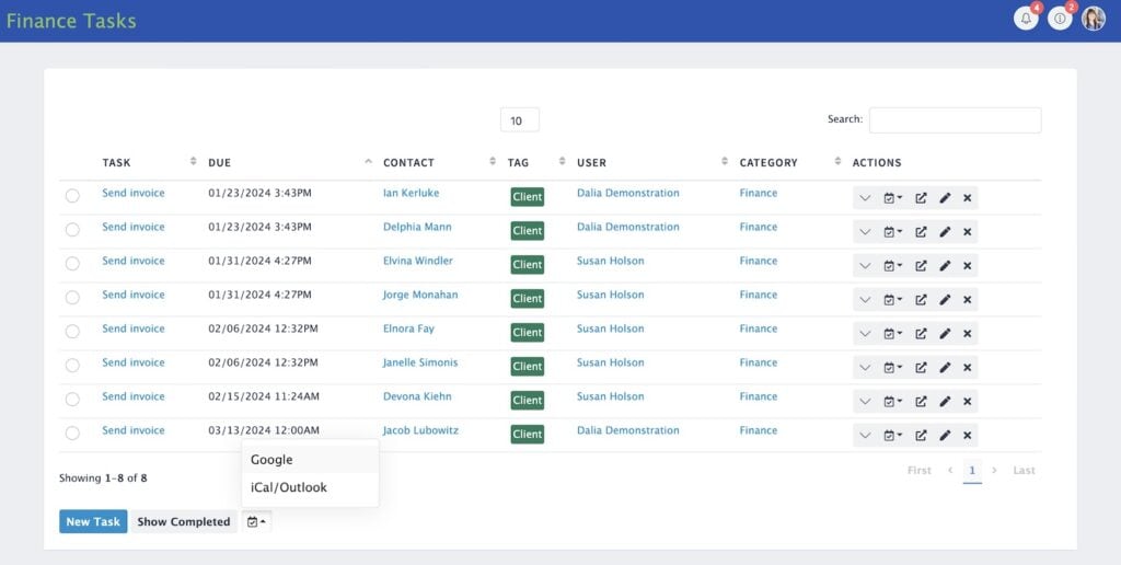 Mimiran CRM Task List with Category and Calendar Link