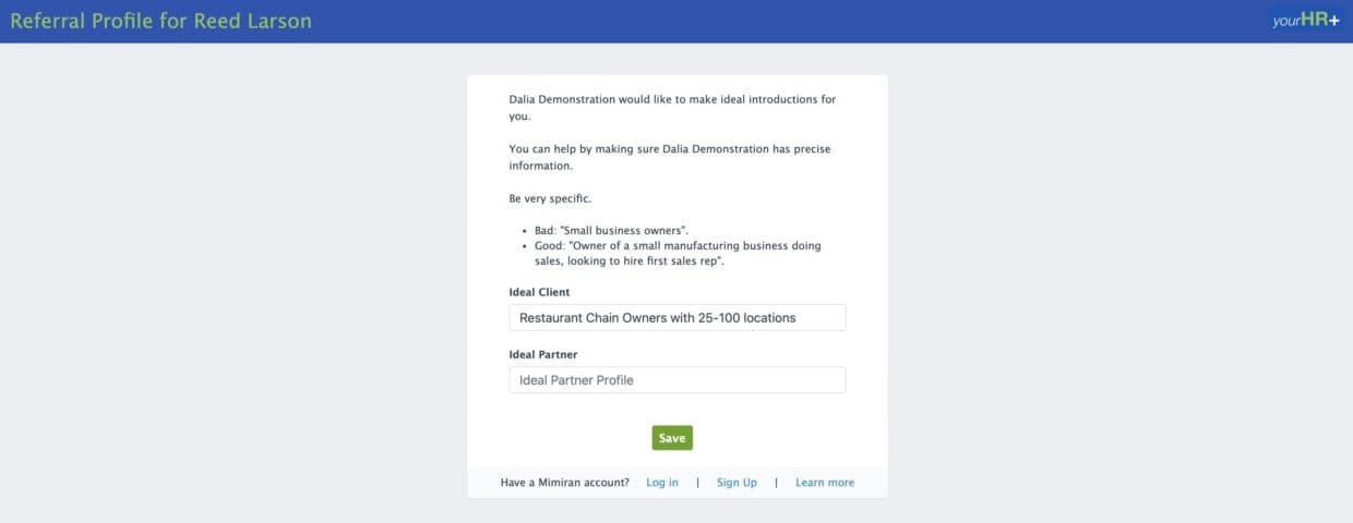 Mimiran CRM referral profile form for contacts