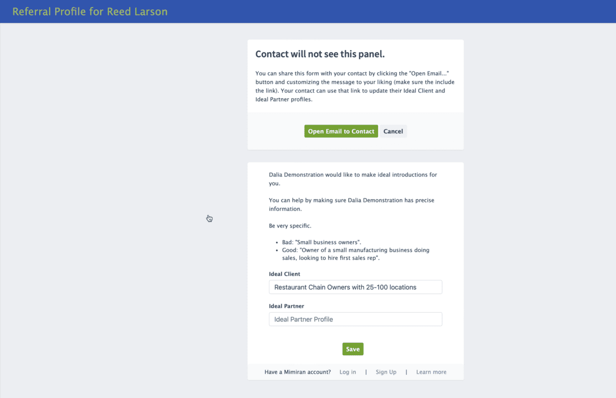 Mimiran CRM contact referral profile form