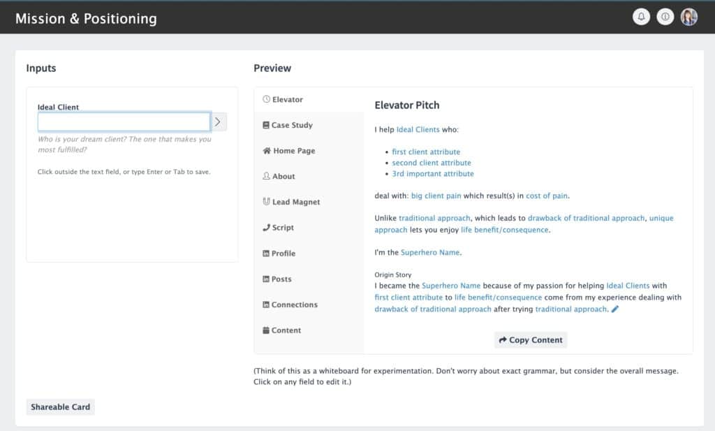 Mimiran CRM mission and positioning screen.
