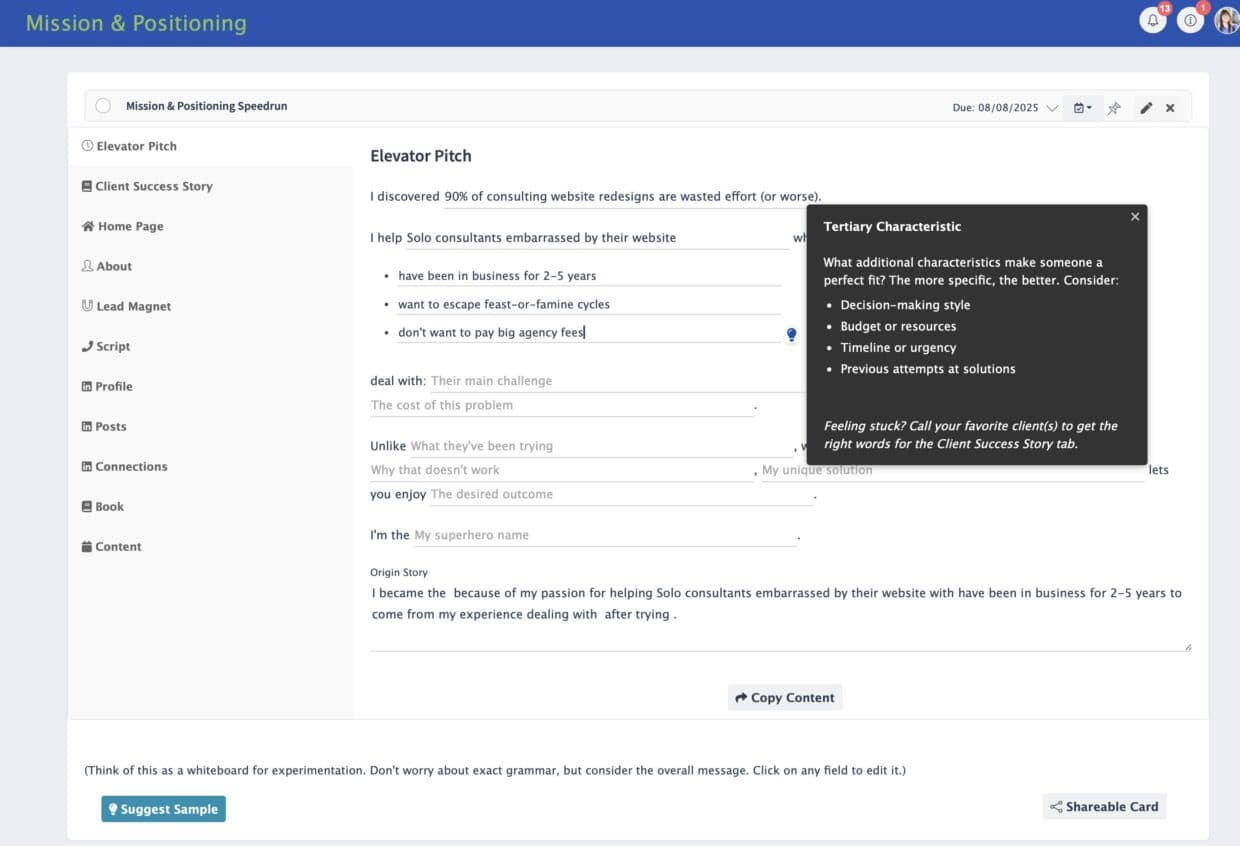 Mimiran CRM Mission and Positioning screen with tooltip help